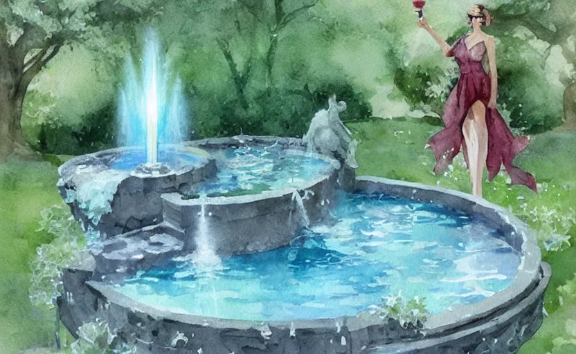 Image similar to concept art of a magical fountain in a garden, pinterest, artstation trending, behance, watercolor, by coby whitmore, silver, laser light,