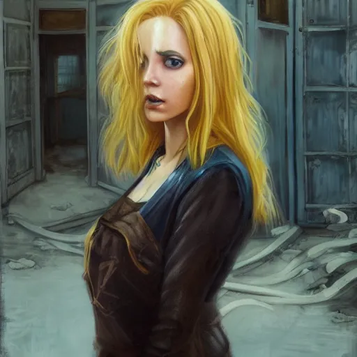 Image similar to oil painting of jinx with golden blonde hair, standing in abandoned building, in style of charlie bowater, detailed face,