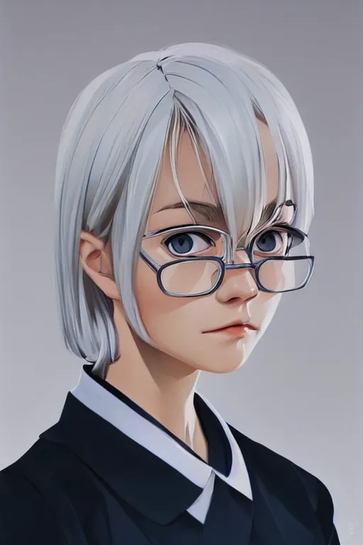 Image similar to a cute girl with cut to shoulder white hair wearing school uniform, sharp focus, illustration, morandi color scheme, art station, by ilya kuvshinov