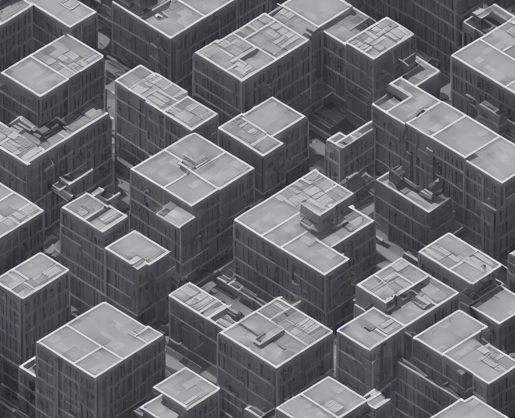 Image similar to city block, isometric view, octane 3d, ray tracing, volumetric lighting