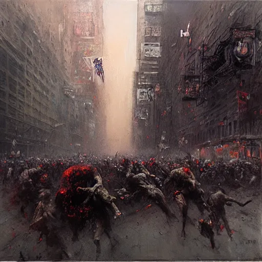 Prompt: horde of zombies in downtown new york, highly detailed painting by jeremy mann and beksinski