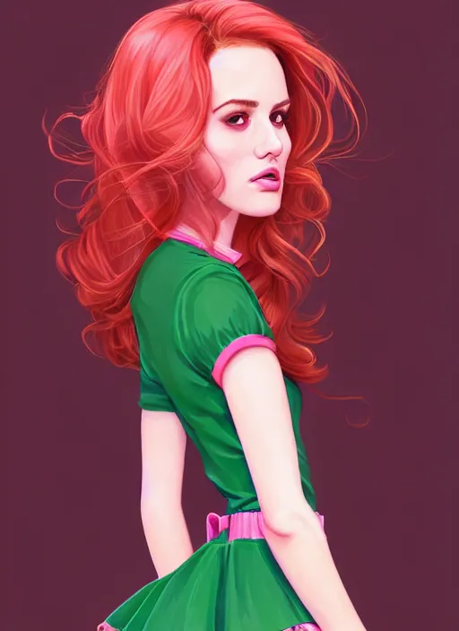 Image similar to full body portrait of teenage cheryl blossom, bangs, green eyes, sultry expression, red hair, sultry smirk, bangs and wavy hair, pink skirt, bangs, intricate, elegant, glowing lights, highly detailed, digital painting, artstation, concept art, smooth, sharp focus, illustration, art by wlop, mars ravelo and greg rutkowski