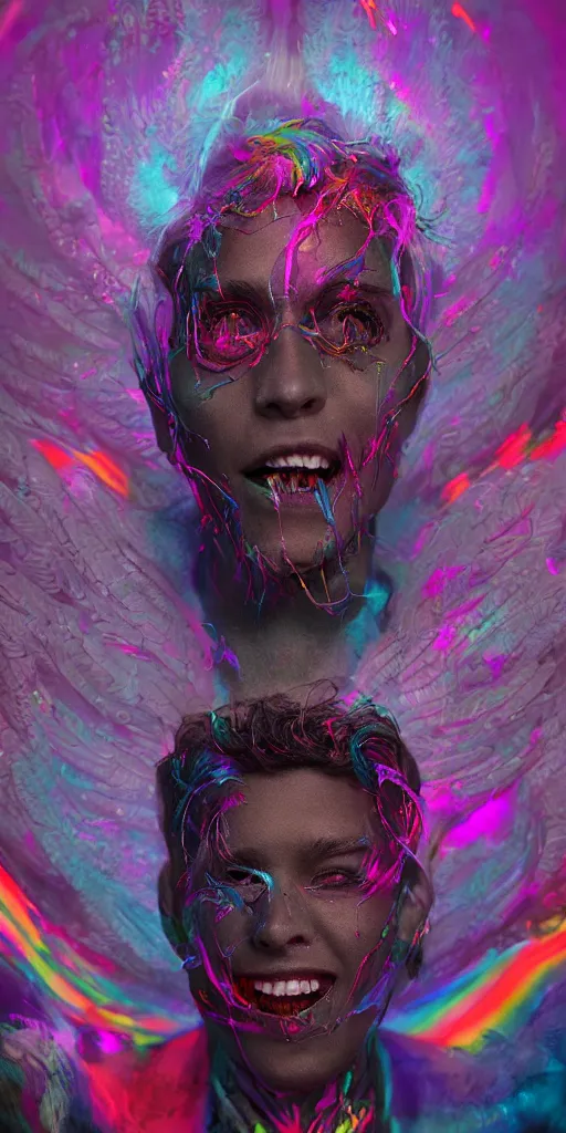 Image similar to impossibly beautiful portrait, dapper dream demon, wings, bad trip, insane smile, intricate complexity, surreal horror, inverted neon rainbow drip paint, trending on art station, photoreal, 8 k, octane render by greg rutkowski