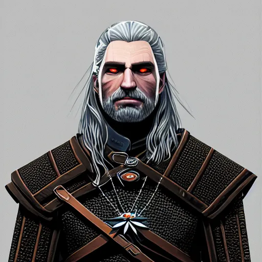 Image similar to portrait of witcher, highly detailed, centered, solid color background, digital painting