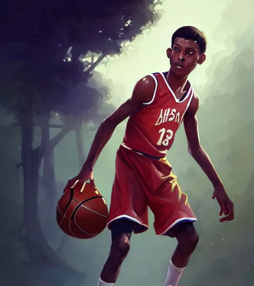 Image similar to portrait of a boy at a basketball court playing basketball wearing a basketball uniform, intricate, elegant, highly detailed, centered, digital painting, artstation, concept art, smooth, sharp focus, illustration, by Peter Mohrbacher, WLOP
