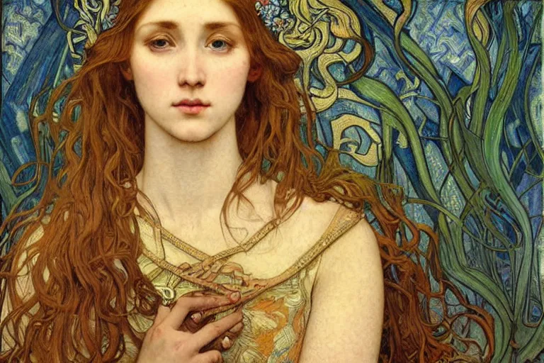 Image similar to detailed realistic beautiful young medieval queen face portrait by jean delville, alphonse mucha, vincent van gogh, and marco mazzoni, art nouveau, symbolist, visionary, gothic, pre - raphaelite