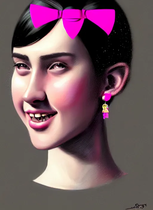 Image similar to portrait of high school girl, realistic, black hair, bangs, half updo hairstyle, pointy nose, skinny, smile, ugly, defined jawline, big chin, pink hair bow, earrings, intricate, elegant, glowing lights, highly detailed, digital painting, artstation, sharp focus, illustration, art by wlop, mars ravelo and greg rutkowski