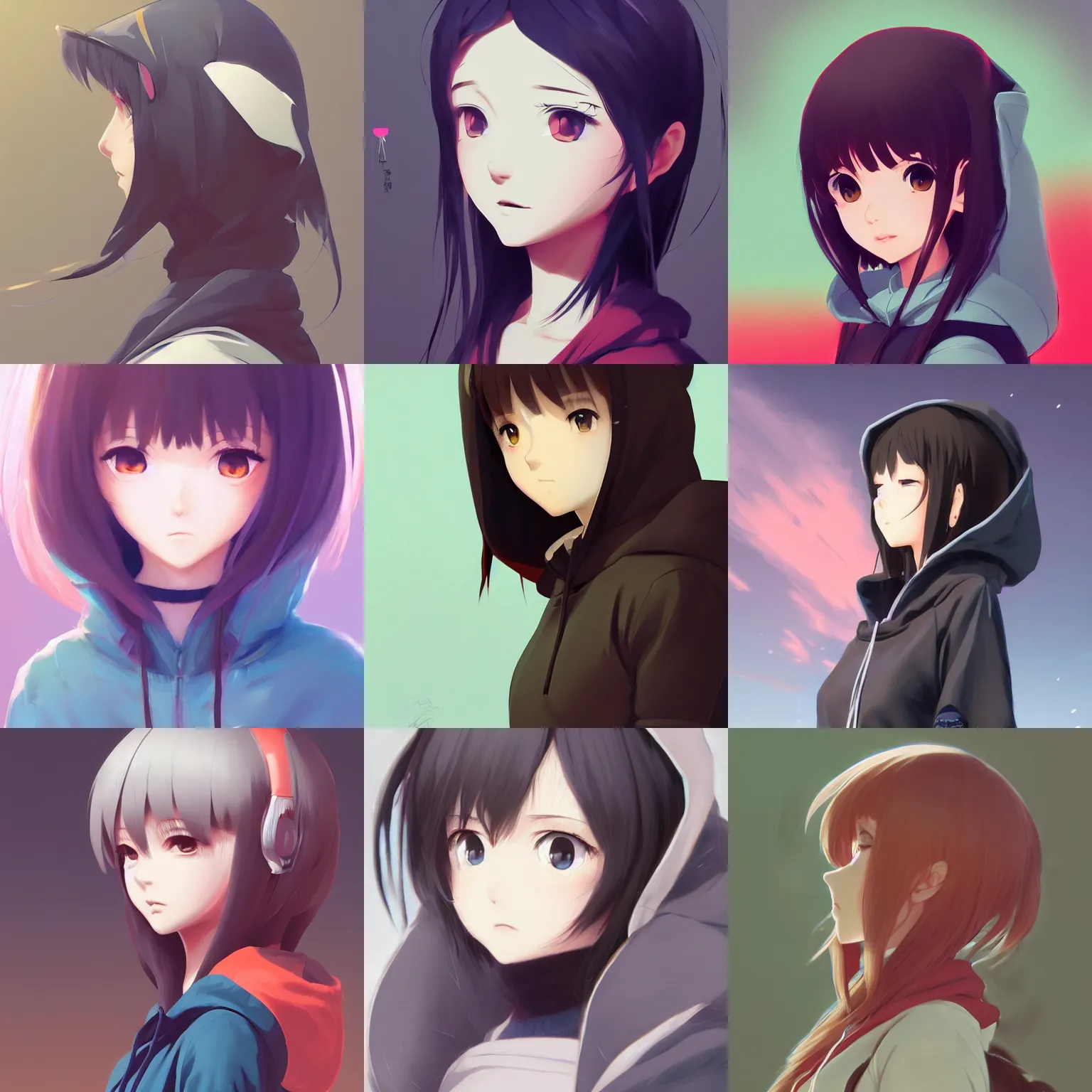 Prompt: profile of anime girl wearing hoodie, ilya kuvshinov, digital anime art, wlop, ilya kuvshinov, artgerm, krenz cushart, greg rutkowski, studio ghibli, artstation, pixiv, instagram