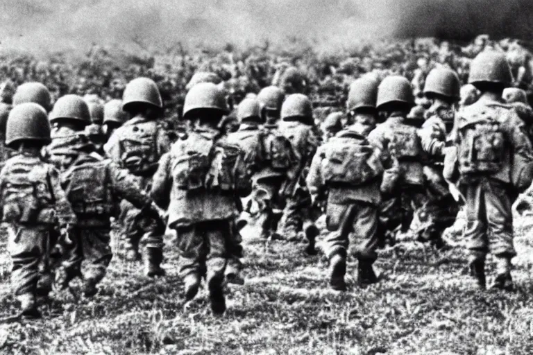 Prompt: baby soldiers storming normandy, old world war 2 photo, film grain