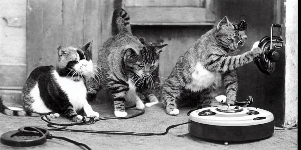 Image similar to stunning old black and white photo of very serious cats have absolutely no idea how to use old rotary telephones and decide to knock them over in frustration, very funny and ironic, humor, film grain 1903