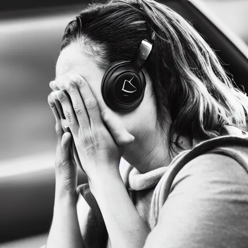 Image similar to a woman crying while listening to music, ( sony a 7 r iv, symmetric balance, polarizing filter, photolab, lightroom, 4 k, dolby vision, photography award, picturesque ) police car lights