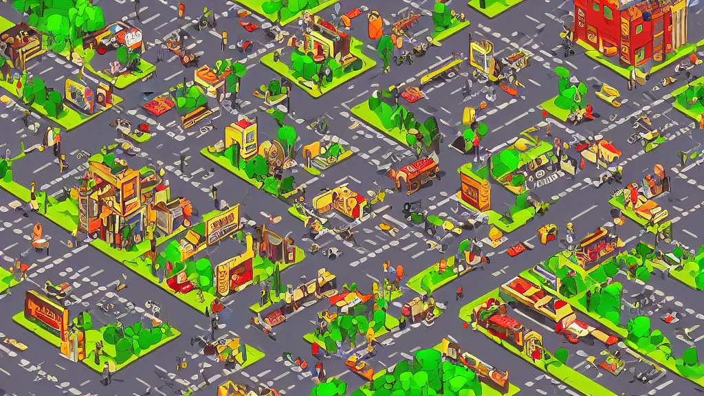 Image similar to avant - garde pushy isometric subway village / city setting