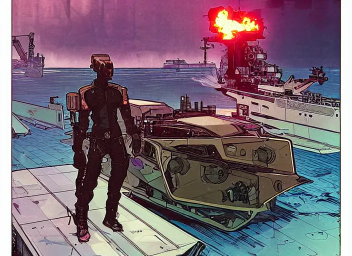 Prompt: cyberpunk cartel assassins on tactical skiff. burning oil rig in the background. portrait illustration, pop art, art by ashley wood, alphonse mucha, laurie greasley and josan gonzalez. cinematic. dynamic lighting. realistic proportions. creative design. cell shading.