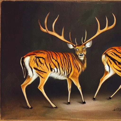 Image similar to a painting of deer in tiger skin and tiger in deer skin facing each other, their heads bowed towards ground by esao andrews