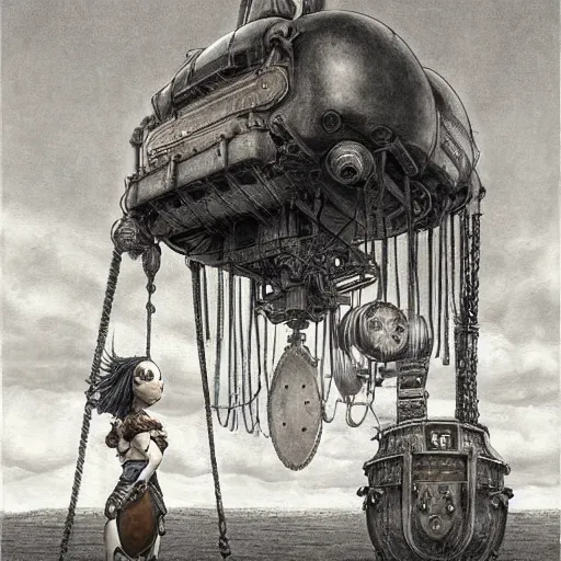 Prompt: a hyperrealistic painting of a beautiful female steampunk goddess, standing at an airship docking station, by john kenn mortensen, highly detailed,