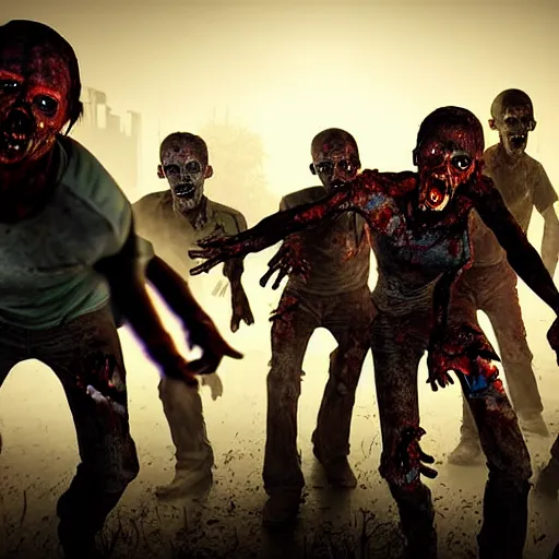 Image similar to a group of zombies coming towards the camera, highly detailed, photorealistic portrait, bright studio setting, studio lighting, crisp quality and light reflections, unreal engine 5 quality render