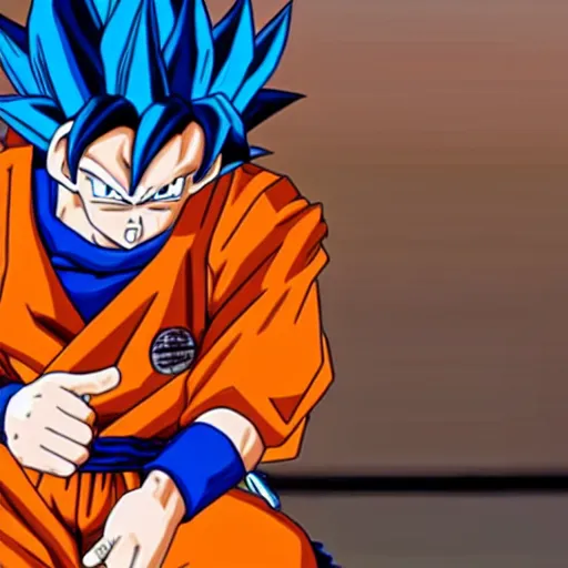 Prompt: goku in a wheel chair after being defeated by vegeta thumbs up