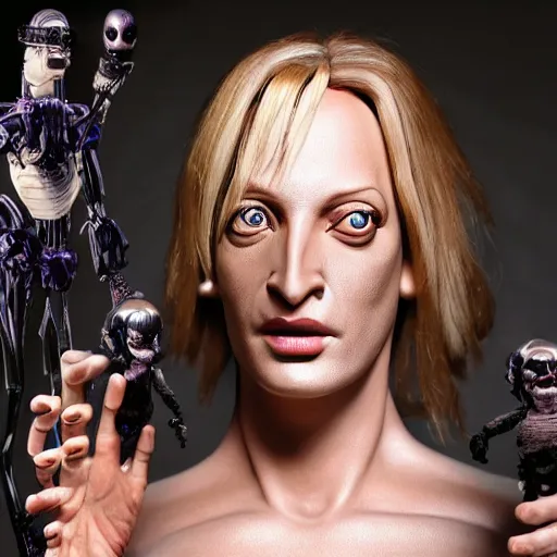 Image similar to animatronic Uma Thurman, exposed mechanics, photo, Stan Winston studios, detailed, 4k