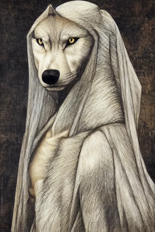 Image similar to Half human, half wolf, symetry, very detailed, painting in style of Leonardo Da Vinci