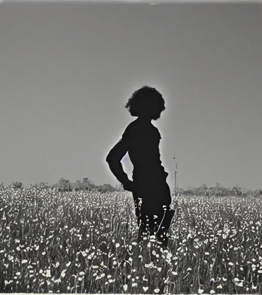 Image similar to mystical death god standing in tall meadow of flowers, distant, vintage film photo, grainy, high detail, high resolution