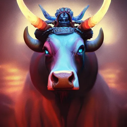 Image similar to painting of the cow king from diablo two, by beeple, artstation ,chic ,elite,detailed