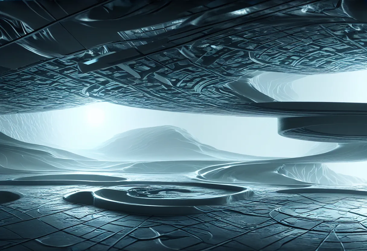 Image similar to inside of futuristic bitcoins flowing landscape of human mind and imagination, matte painting, beautiful render, octane render, concept art