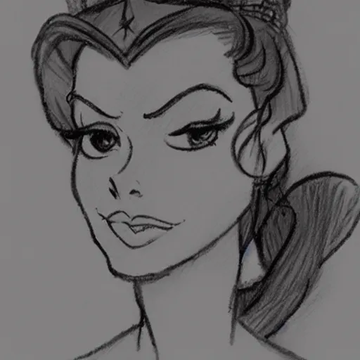 Image similar to milt kahl sketch of vanessa hudgeons with done up hair, tendrils covering face and ponytail as princess padme from star wars episode 3