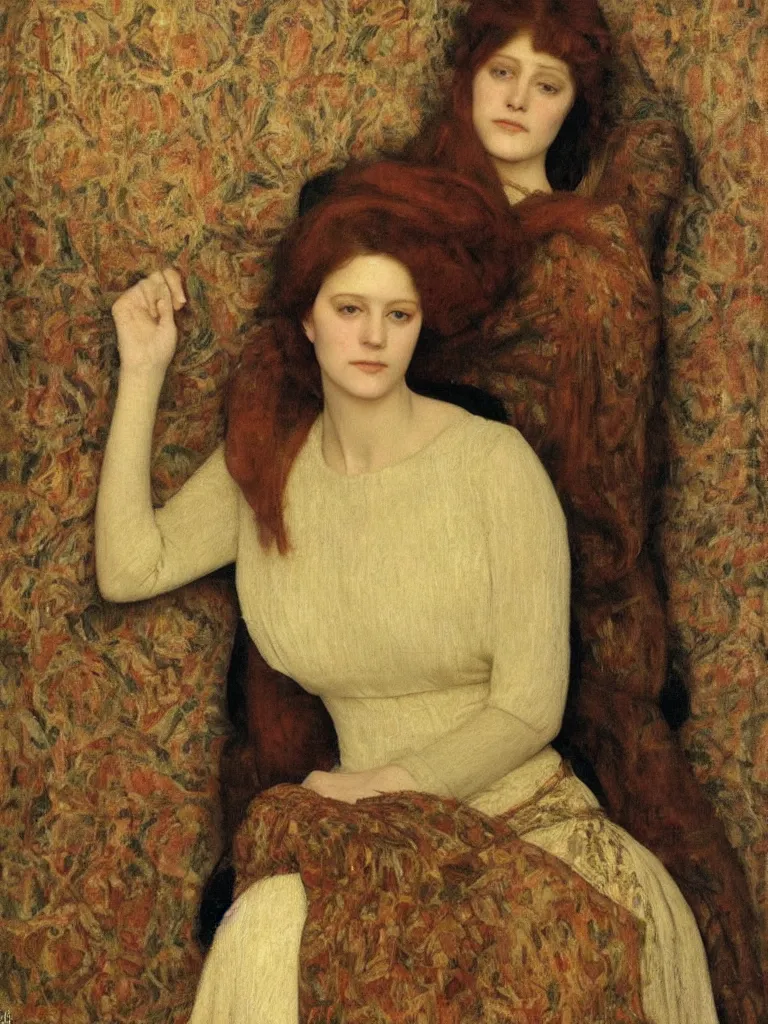 Prompt: A Beautiful Portrait Tableau of Elizabeth Fraser by Thomas Cooper Gotch, Pre Raphaelite, Art Nouveau