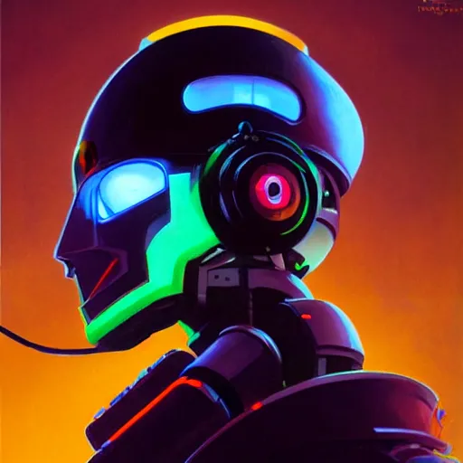 Prompt: a dark and colorful close - up side profile portrait of a sci - fi mecha robot with headphones, led lights glowing fog in the background. highly detailed science fiction painting by norman rockwell, frank frazetta, and syd mead. rich colors, high contrast, gloomy atmosphere, dark background. trending on artstation