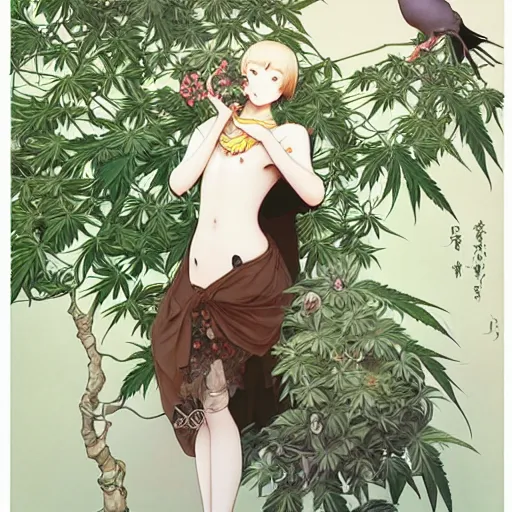 Prompt: two pigeon, cannabis tree, pigeons and trees by Range Murata and Mucha