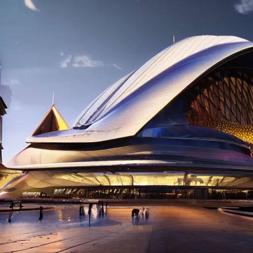 Prompt: an opera house as a background for a cyberpunk 2077 loadinh screen, very detailed, high quality photo, designed by zaha hadid, sculped by Norman foster