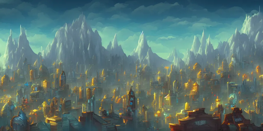 Image similar to a city in the style of piltover from arcane, tall towers, utopia, white blimps in the sky, blue skies, soft clouds, trending on artstation