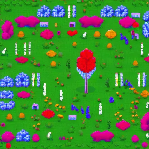 Image similar to overdetailed pixel art of a big flower on a beautiful meadow in the middle of a clearing of a forest, hd, cinematic