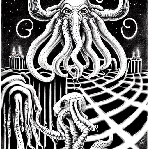 Prompt: Cthulhu Christmas by Charles Addams and H.R. Giger, black and white illustration shadows symmetrical