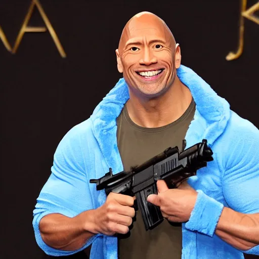 Prompt: dwayne the rock johnson, in blue onesie pajamas, holding an ak - 4 7.