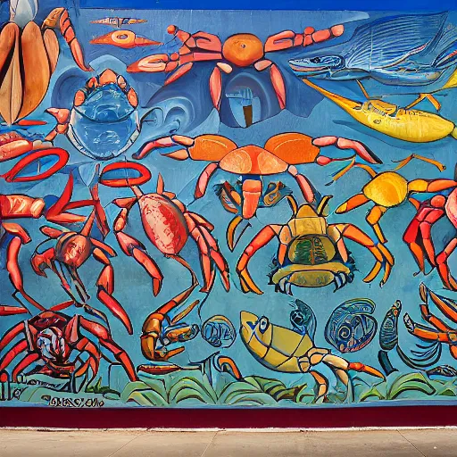 Prompt: mural of a crab revolution in the style of diego rivera