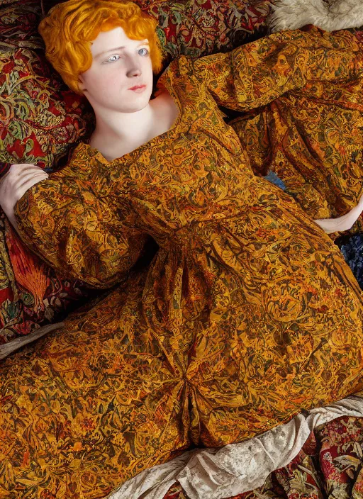 Image similar to preraphaelite photography reclining on bed, big brown fringe, yellow ochre ornate medieval dress, william morris, 4 k
