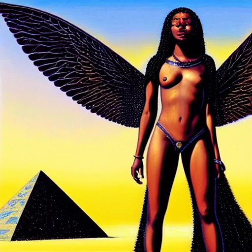 Prompt: isis depicted as a black woman with large iridescent wings in front of a crystal pyramid by Aliza Razell, greg rutkowski, and thomas blackshear, oil on canvas