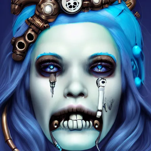 Image similar to a digital painting of a woman cry with blue hair with a skull on her face, cyberpunk art by joe fenton, zbrush central contest winner, pop surrealism, steampunk, zbrush, adafruit