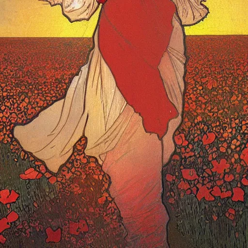 Prompt: a masterpiece painting by mucha exposed at the louvre : black cat taking the sun in a poppy field with a red sunset in the background