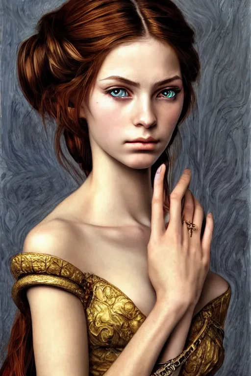 Image similar to high quality extremely detailed portrait of a young gorgeous female warlock looking away from the camera, detailed eyes, sparkle in eyes, no hands visible, fantasy, d & d, intricate, painting by lucian freud and mark brooks, hd