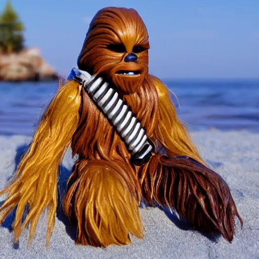Image similar to Chewbacca on holiday, relaxing on the beach, minifigure, hyperrealistic, photos, Flickr