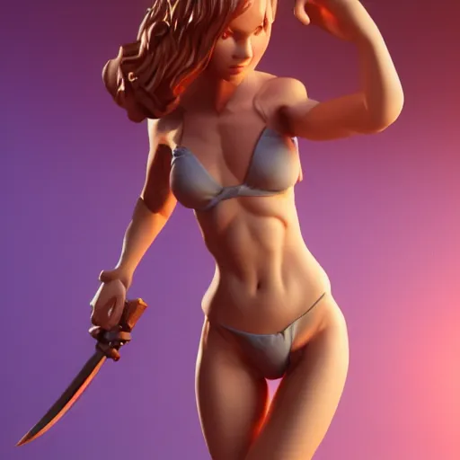 Prompt: highly detailedf figurine, beautiful young woman, slim waist, big bumm, with a sword in her right hand, martial art pose, octane render, bikini, volumetric lights, dramatic, highly detailed, messy, hair