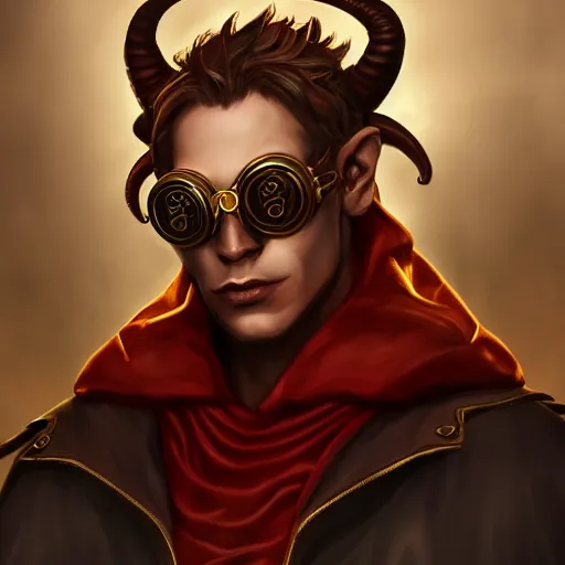 Image similar to Red skinned Male Tiefling alchemist with gold rimmed goggles and long horns, highly detailed, ominous, artgerm, digital illustration, concept art, 8k, trending on artstation