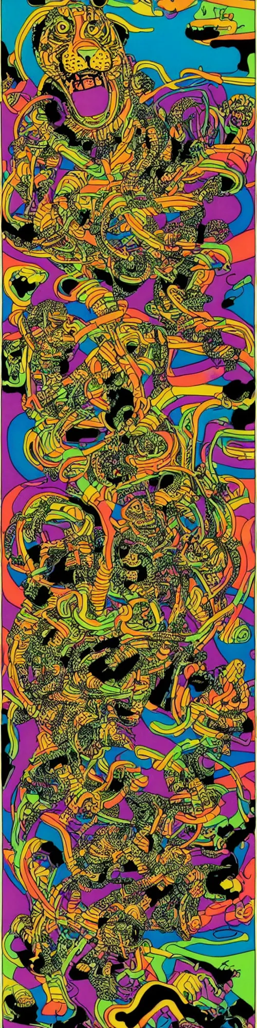 Prompt: tony the tiger dissolving into neon cereal pieces, cubensis, aztec, basil wolverton, r crumb, hr giger, mc escher, dali, muted but vibrant colors, ribbons and folds, tubing and wires, tape distortion