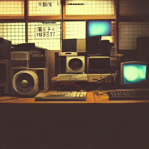 Image similar to old computers in a japanese thrift store, cinematic light, retrowave atmospheric, synthwave atmosphere, cyberpunk atmo, 8 k photography