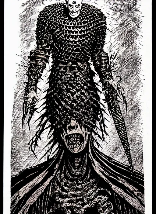 Image similar to the cenobite pinhead as a d & d monster, pen - and - ink illustration, etching, by russ nicholson, david a trampier, larry elmore, 1 9 8 1, hq scan, intricate details, high contrast