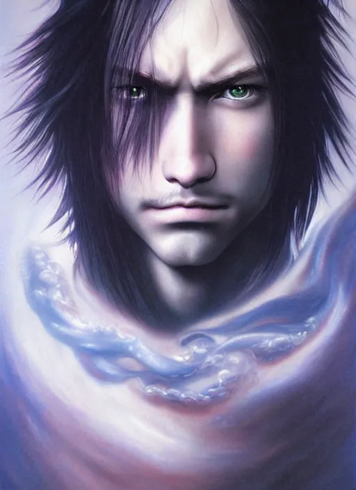 Image similar to beautiful matte airbrush portrait of a final fantasy inspired face with very long hair and sad eyes crying on a white background, 8 0's airbrush aesthetic, art by pater sato, ayami kojima and yoshitaka amano