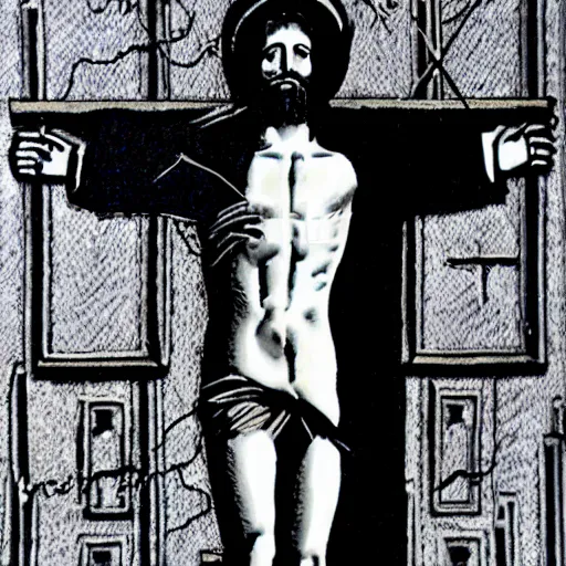 Prompt: jesus on the cross wearing a tophat and tuxedo, crucifixion, intricate detail, realistic, studio photo,