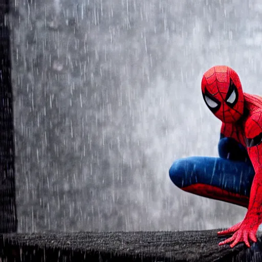 Image similar to Spiderman standing under rain , melancholy, dramatic, sad ambience